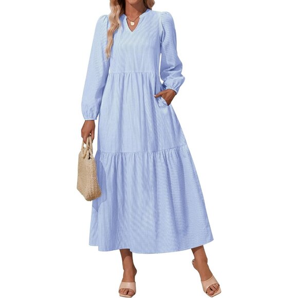 Women's Lightweight Flowy Maxi Dress with Pockets V Neck Spring Casual Wear - Picture 1 of 5